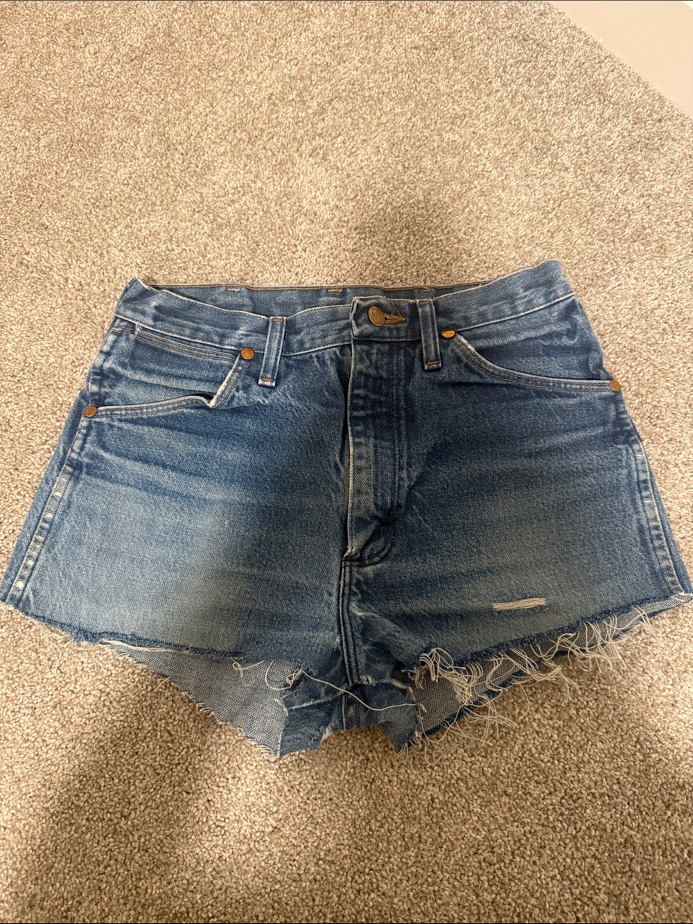 Wrangler Medium Blue Distressed Denim Cutoff Shorts